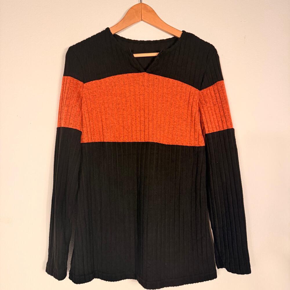 Black & Rust Orange Ribbed Colorblock Long Sleeve Top Size S